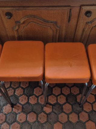 4 Tabourets vintage 60's en skaï orange
