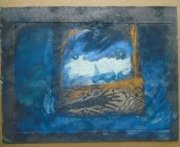 Gravure retravaillée oxydes et tissu ,pièce unique