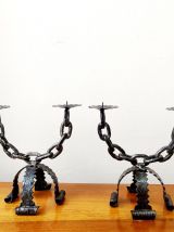 Paire de bougeoirs chaînes en fer forgé, Espagne 