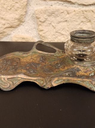 Encrier ancien signé Robert Elias – Laiton – Objet rare XIXᵉ