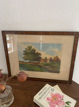 Lithographie ancienne paysage de campagne  signée .