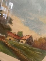 Lithographie ancienne paysage de campagne  signée .