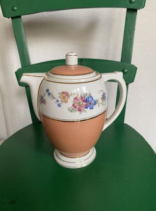 Cafetière porcelaine fleurie terracota DRB Limoges France.