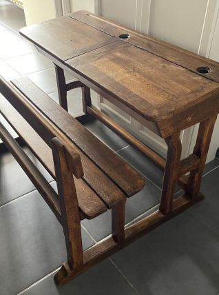 Authentique bureau d’écolier ancien en bois massif