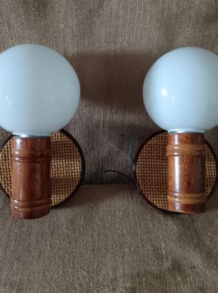 Applique rotin cannage globe opaline