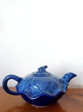 Théière céramique bleu art déco à la grenouille 