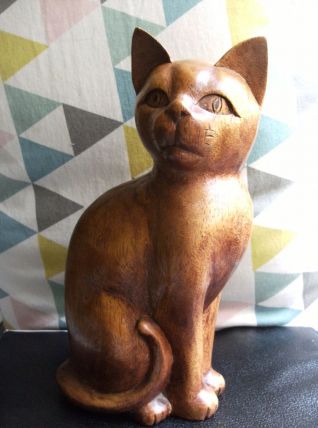 statuette bois chat assis 