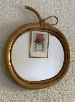 Miroir vintage 1970 pomme rotin osier fruit - 35 x 32 cm