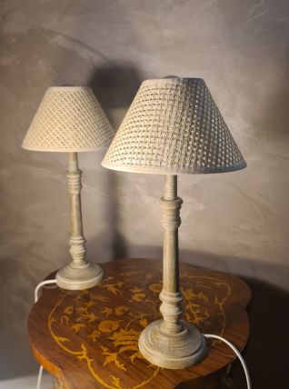 Paire de lampes bois  classic  abat jour osier 44x20 elec ok