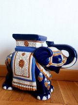 Tabouret ou porte plante éléphant en céramique bleu 