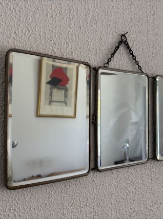 Miroir vintage 1930 triptyque de barbier simili cuir lie de 