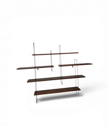 Etagère vintage asymétrique en bois foncé et métal noir