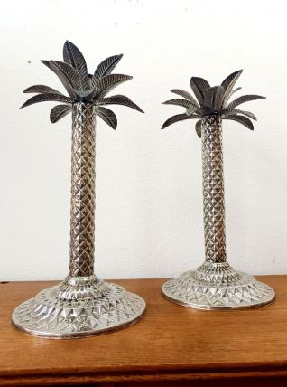 Bougeoirs palmiers vintage en métal argenté 