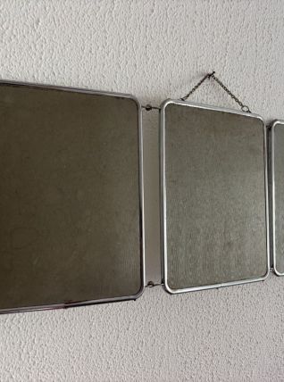 Miroir vintage 1960 triptyque barbier argenté Arpin - 28 x 7