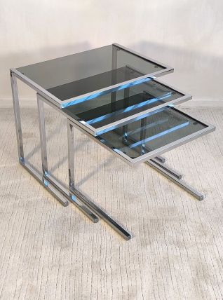 Suite de 3 tables gigognes vintage chrome et verre fumé