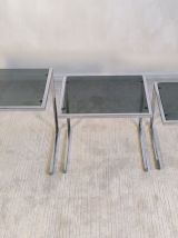 Suite de 3 tables gigognes vintage chrome et verre fumé