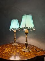 paire de lampes chevet laiton et abat jour en satin 29x14 el