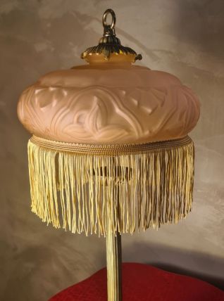 Lampe bronze ancienne abat jour pate de verre rose marbré 51