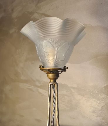 lampe fer nickelé 1900 a 20 tulipe verre papillon 32x16
