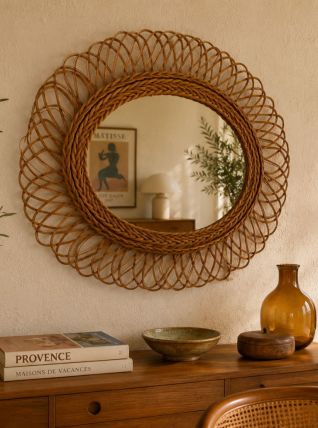 Miroir vintage 1960 soleil fleur rotin osier - 68 x 58 cm
