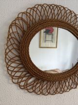 Miroir vintage 1960 soleil fleur rotin osier - 68 x 58 cm