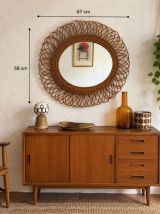 Miroir vintage 1960 soleil fleur rotin osier - 68 x 58 cm