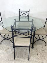 Ensemble salle à manger fer et verre octogonal biseauté
