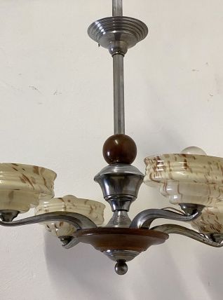 Lustre art déco en bois métal chromé et verre