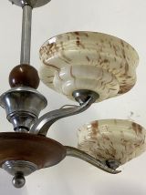 Lustre art déco en bois métal chromé et verre