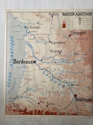 Carte scolaire vintage 1950 recto verso "Bassin Aquitain / M