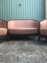 Lot Banquette Canapé + 2 Fauteuils BAUMANN Bois Noir + Cuir