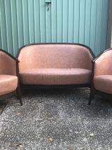 Lot Banquette Canapé + 2 Fauteuils BAUMANN Bois Noir + Cuir