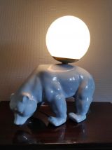 grande lampe ours en céramique bleue et globe opaline blanc