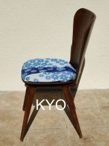 Chaise, bois massif, tissu bleu blanc - Bon état
