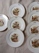 8 assiettes plates porcelaine Limoges décor gibier,  1950
