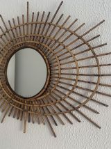 Miroir vintage 1960 soleil rotin style ORTF - 83 x 65 cm