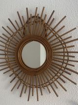 Miroir vintage 1960 soleil étoile asymétrique rotin - 52 cm