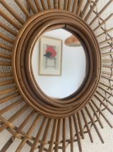 Miroir vintage 1960 soleil étoile asymétrique rotin - 52 cm