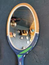 Miroir mural ovale bois raquette tennis vintage "Donnay bleu