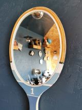 Miroir mural ovale bois raquette tennis vintage "Major bleu"