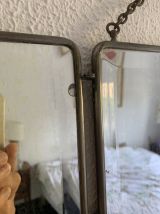 Miroir vintage 1930 triptyque barbier cuir véritable bourgog