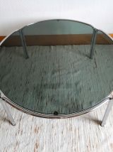 Table ronde acier tubulaire chromé et verre fumé 1970 