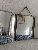 Miroir vintage 1930 triptyque barbier simili galuchat brun -