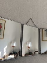 Miroir vintage 1960 triptyque barbier rouge orange - 31 x 78