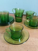 Tasses et soucoupes Duralex en verre vert 