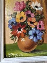 Peinture sur panneau fleurs dans un vase XXe.