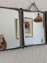 Miroir vintage 1950 triptyque barbier biseauté bleu - 21 x 5