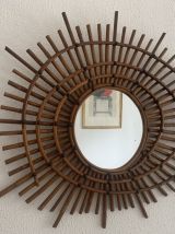 Miroir vintage 1960 soleil rotin style ORTF - 80 x 62 cm 