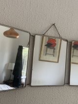 Miroir vintage 1960 triptyque barbier rouge pied de poule  -