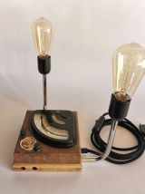 Lampe industrielle vintage carrée marbre bois "J.Carpentier"